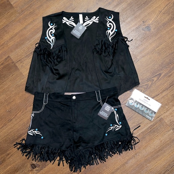 NWT Costume Fringe Cowgirl Vest Shorts W/ Choker White Stitching Blue Rivots XXL - Picture 6 of 13